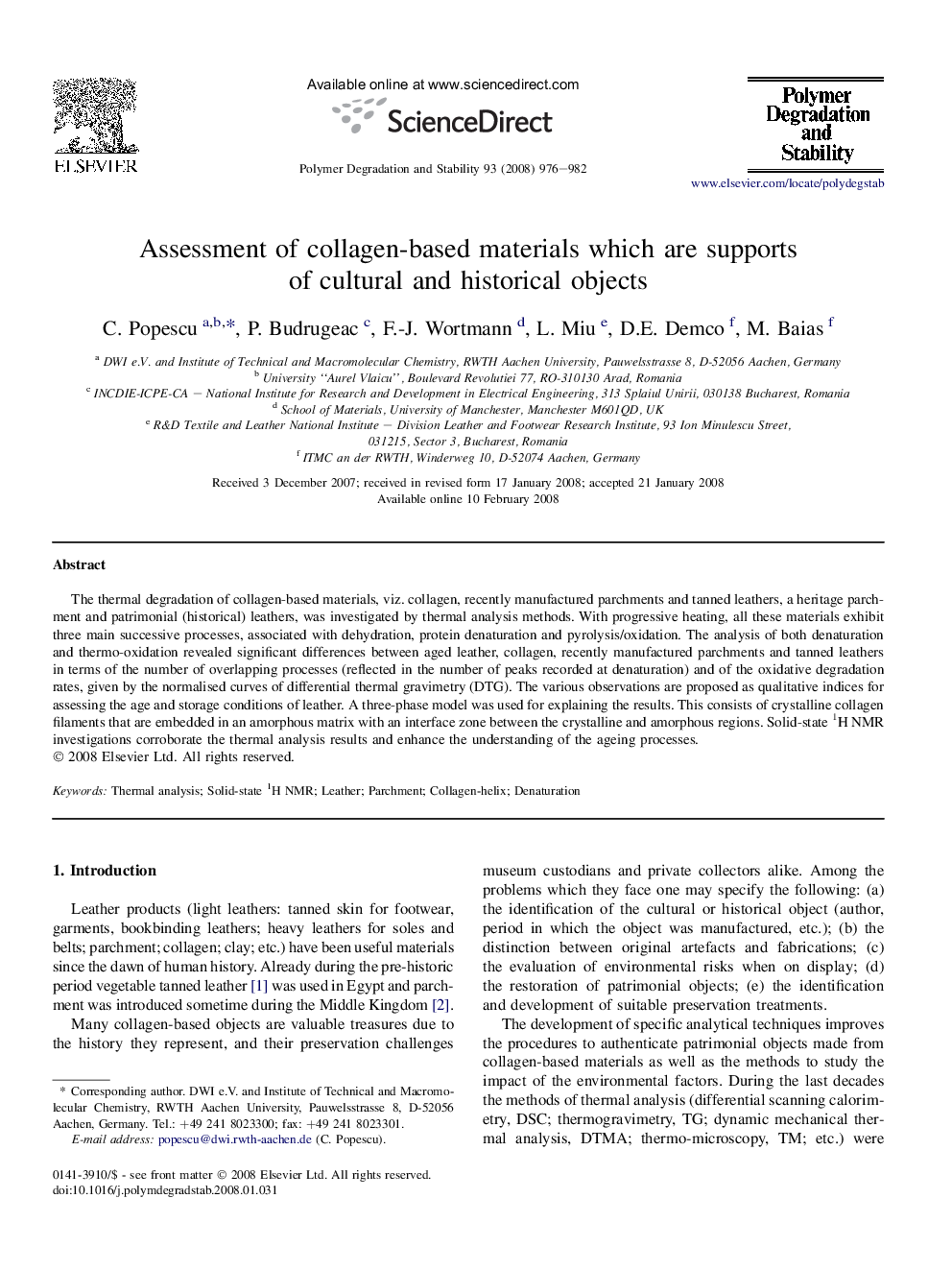 Assessment of collagen-based materials which are supports of cultural and historical objects