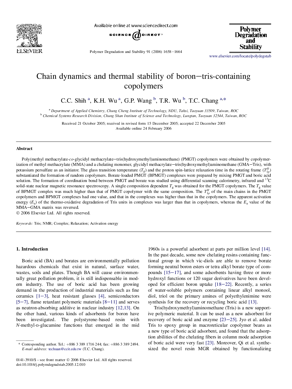 Chain dynamics and thermal stability of boron-tris-containing copolymers