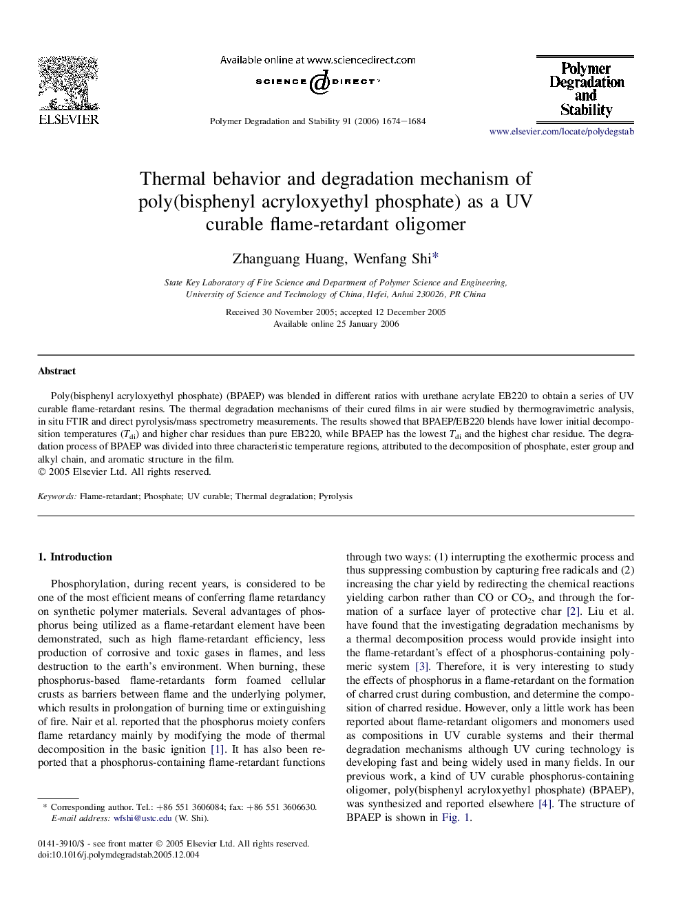 Thermal behavior and degradation mechanism of poly(bisphenyl acryloxyethyl phosphate) as a UV curable flame-retardant oligomer