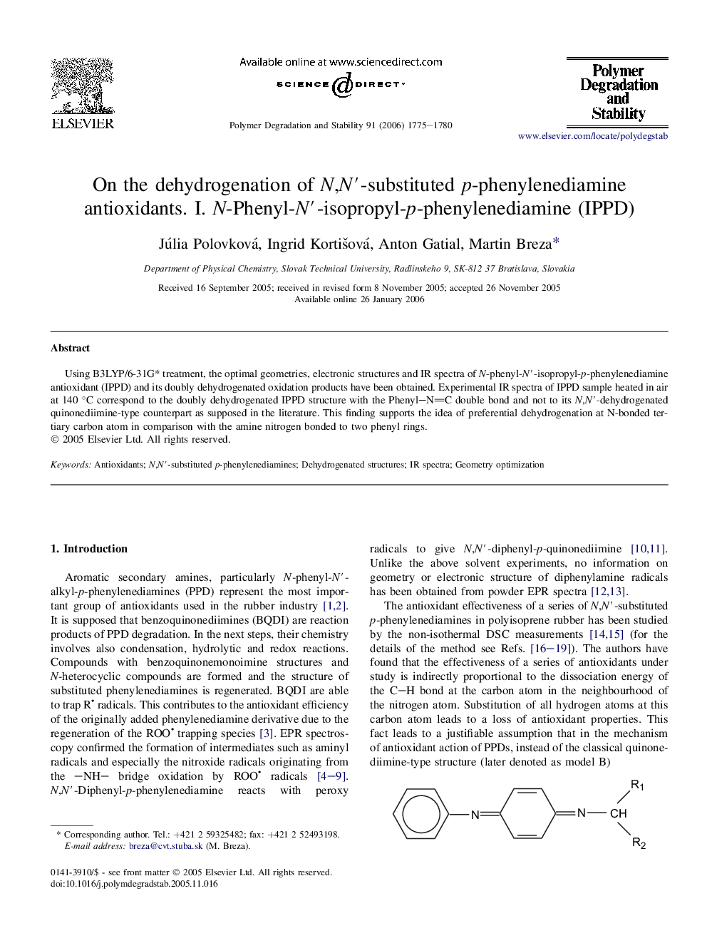 On the dehydrogenation of N,Nâ²-substituted p-phenylenediamine antioxidants. I. N-Phenyl-Nâ²-isopropyl-p-phenylenediamine (IPPD)
