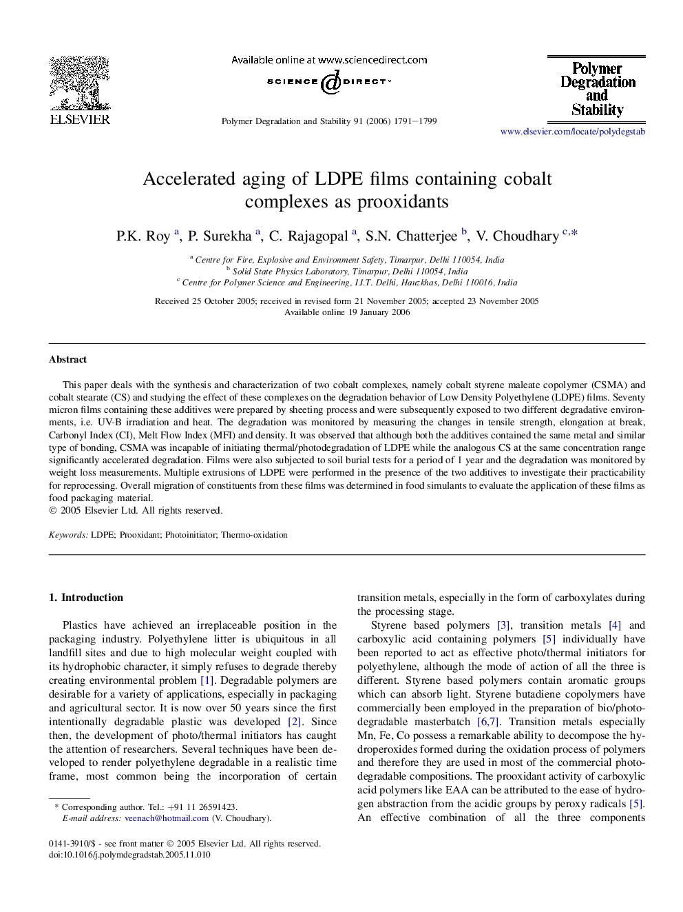 Accelerated aging of LDPE films containing cobalt complexes as prooxidants