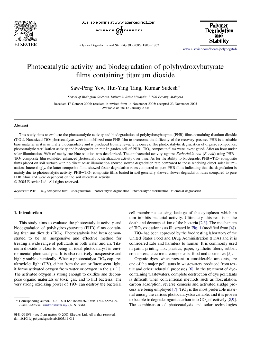 Photocatalytic activity and biodegradation of polyhydroxybutyrate films containing titanium dioxide