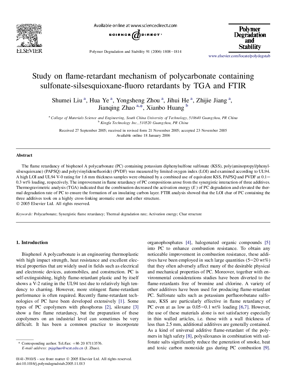 Study on flame-retardant mechanism of polycarbonate containing sulfonate-silsesquioxane-fluoro retardants by TGA and FTIR