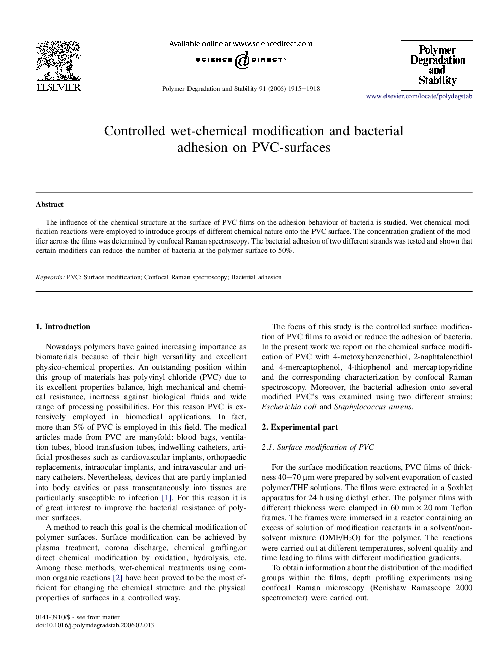 Controlled wet-chemical modification and bacterial adhesion on PVC-surfaces