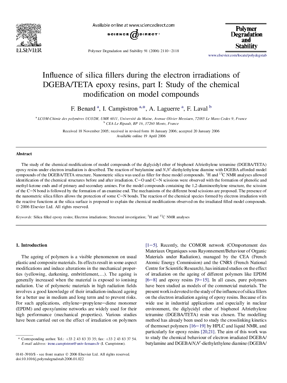 Influence of silica fillers during the electron irradiations of DGEBA/TETA epoxy resins, part I: Study of the chemical modification on model compounds