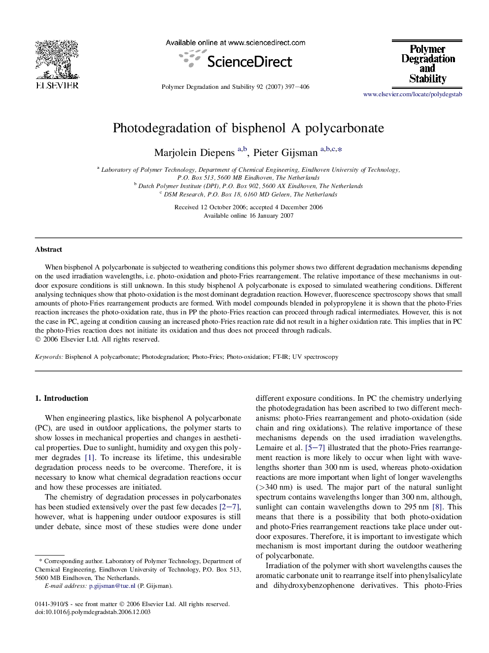 Photodegradation of bisphenol A polycarbonate