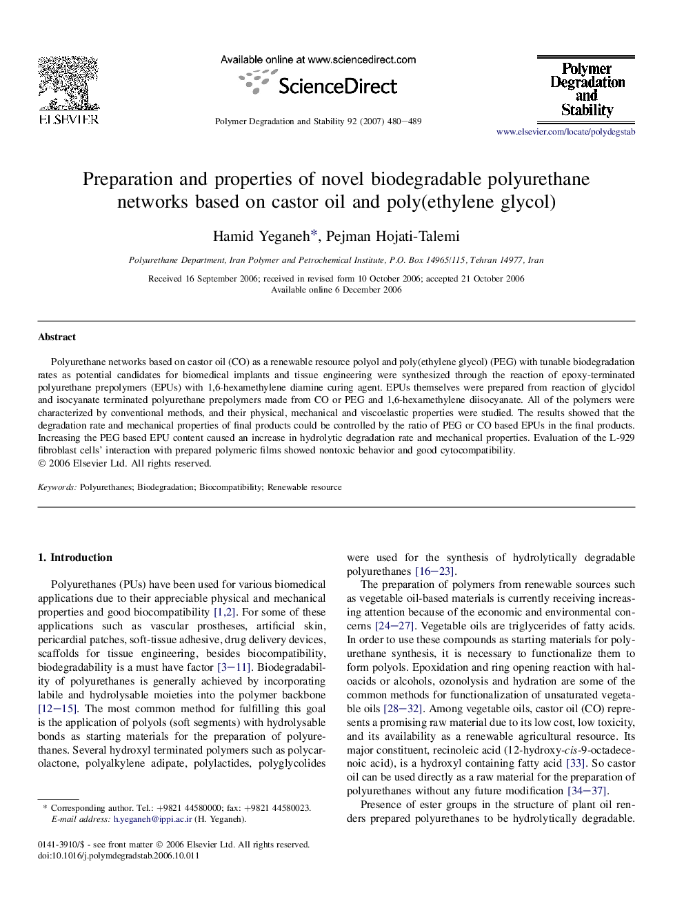 Preparation and properties of novel biodegradable polyurethane networks based on castor oil and poly(ethylene glycol)