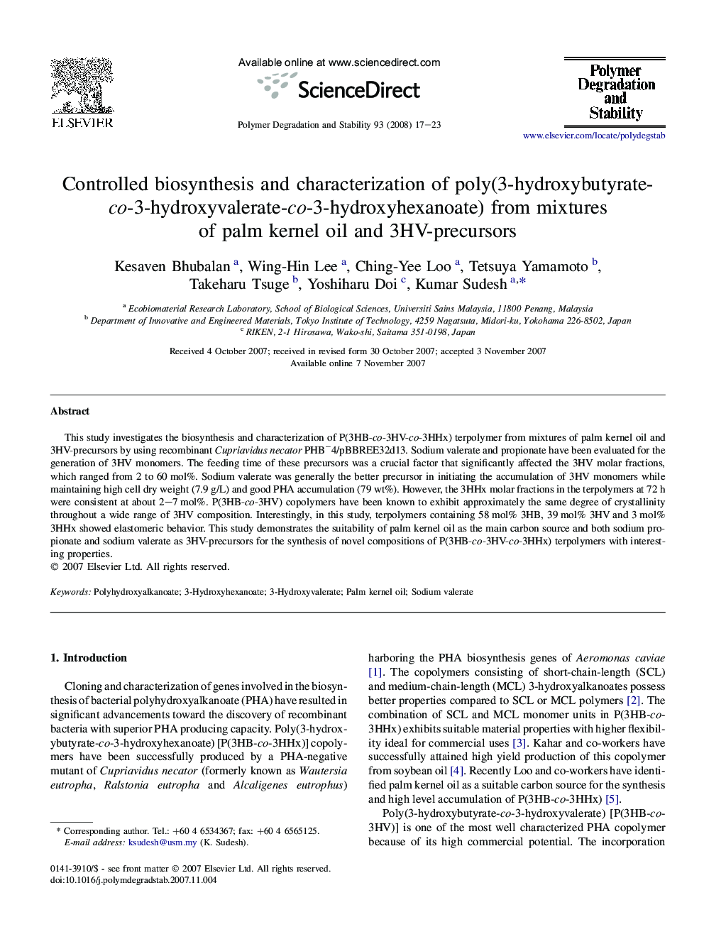 Controlled biosynthesis and characterization of poly(3-hydroxybutyrate-co-3-hydroxyvalerate-co-3-hydroxyhexanoate) from mixtures of palm kernel oil and 3HV-precursors