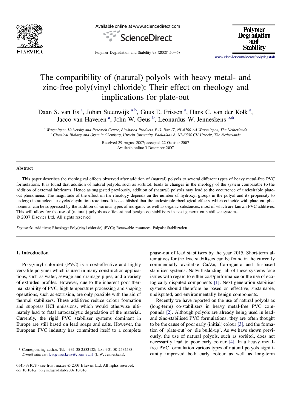 The compatibility of (natural) polyols with heavy metal- and zinc-free poly(vinyl chloride): Their effect on rheology and implications for plate-out