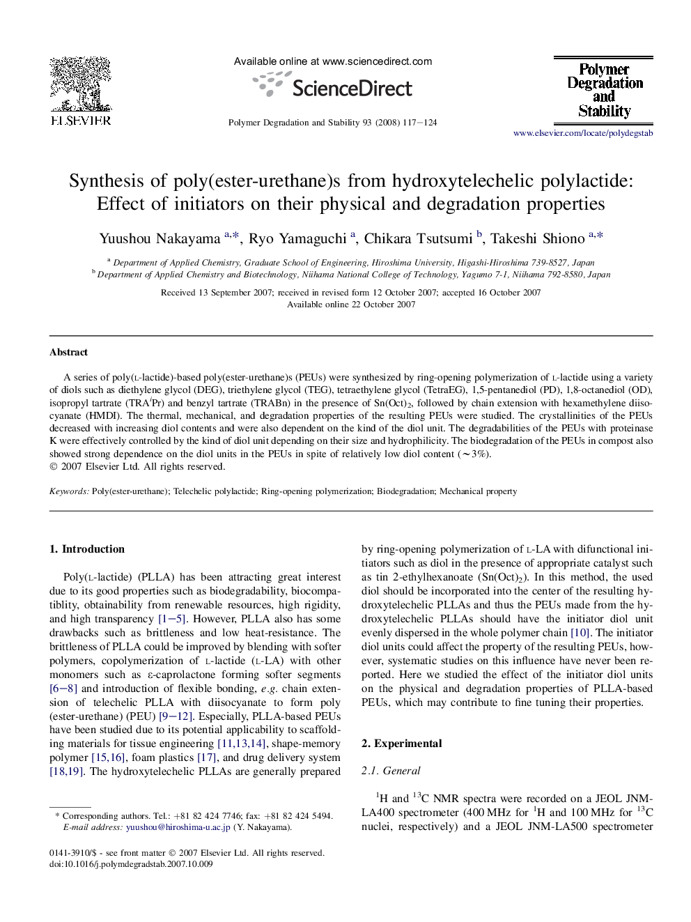 Synthesis of poly(ester-urethane)s from hydroxytelechelic polylactide: Effect of initiators on their physical and degradation properties