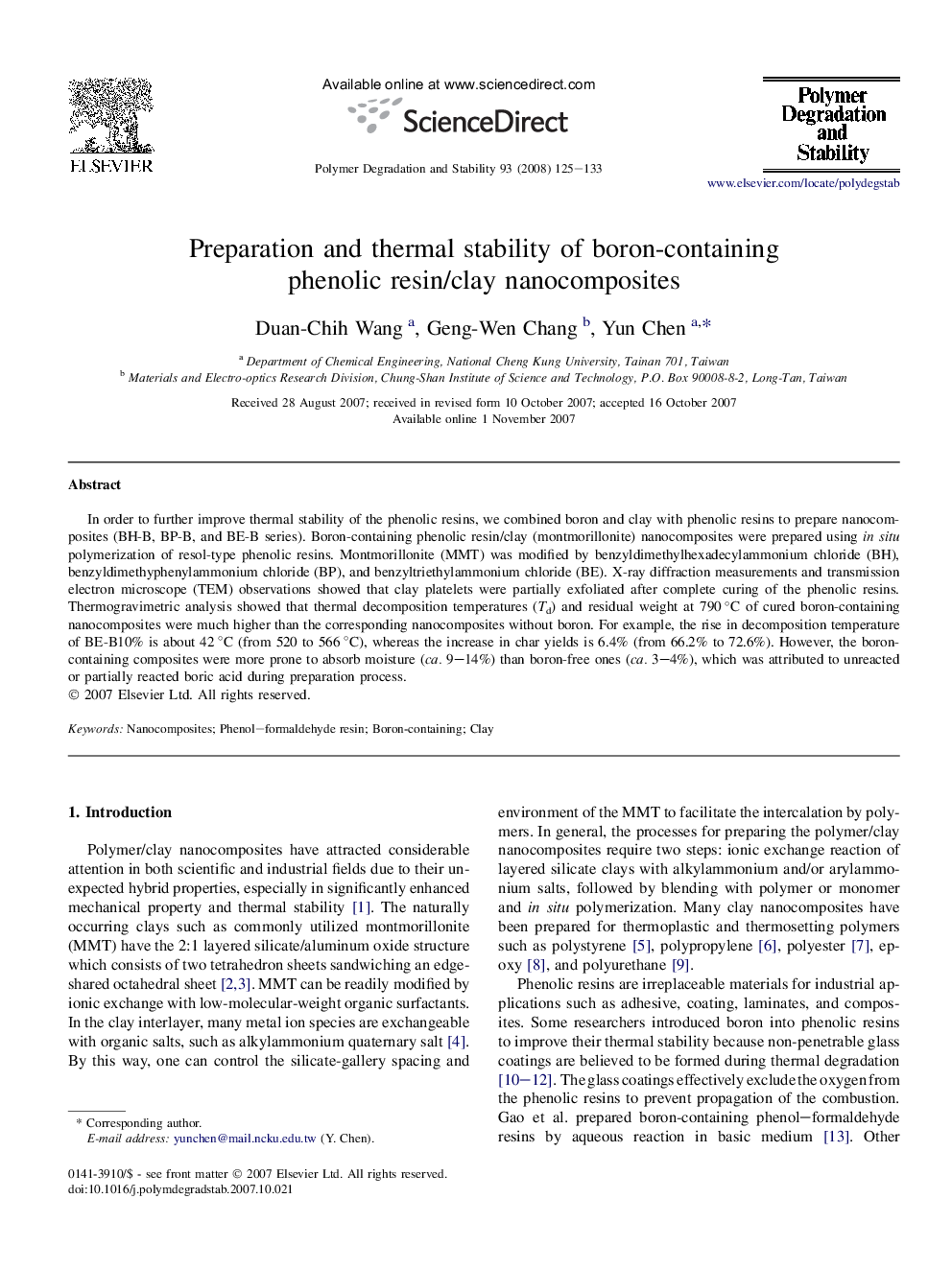 Preparation and thermal stability of boron-containing phenolic resin/clay nanocomposites