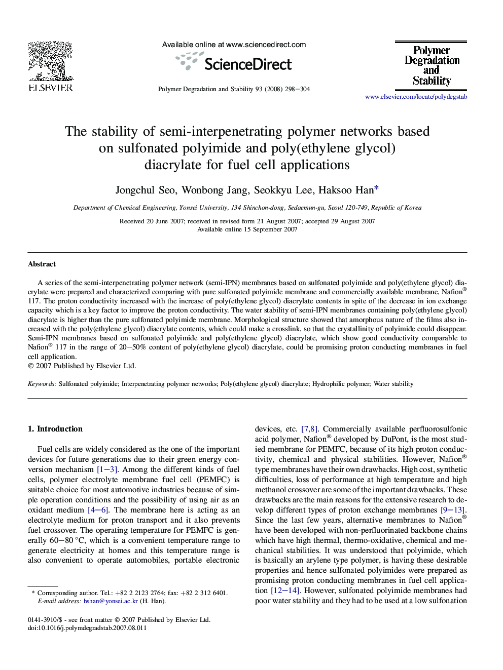 The stability of semi-interpenetrating polymer networks based on sulfonated polyimide and poly(ethylene glycol) diacrylate for fuel cell applications