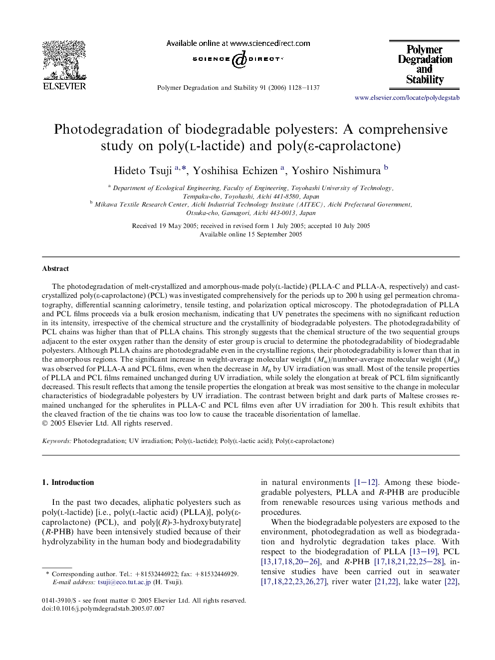 Photodegradation of biodegradable polyesters: A comprehensive study on poly(l-lactide) and poly(É-caprolactone)