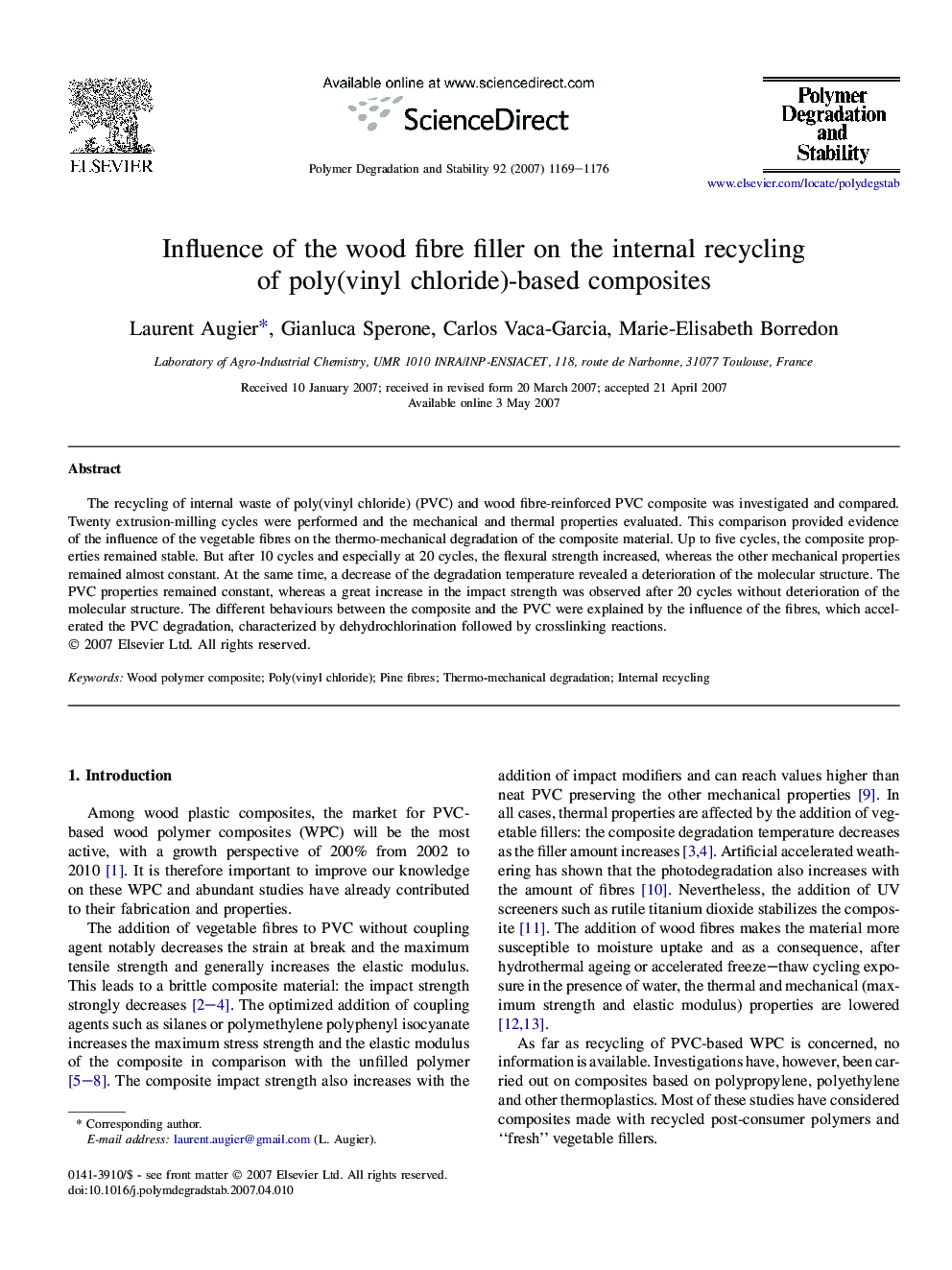 Influence of the wood fibre filler on the internal recycling of poly(vinyl chloride)-based composites