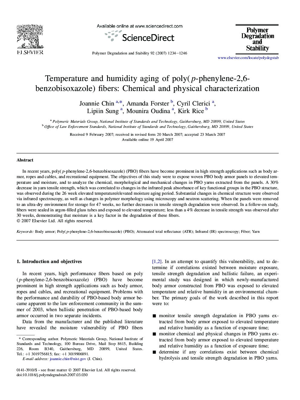 عکس صفحه اول مقاله: Temperature and humidity aging of poly(p-phenylene-2,6-benzobisoxazole) fibers: Chemical and physical characterization Temperature and humidity aging of poly(p-phenylene-2,6-benzobisoxazole) fibers: Chemical and physical characterization