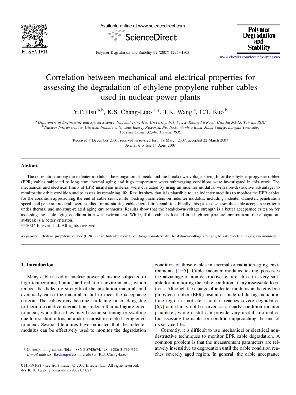 Correlation between mechanical and electrical properties for assessing the degradation of ethylene propylene rubber cables used in nuclear power plants