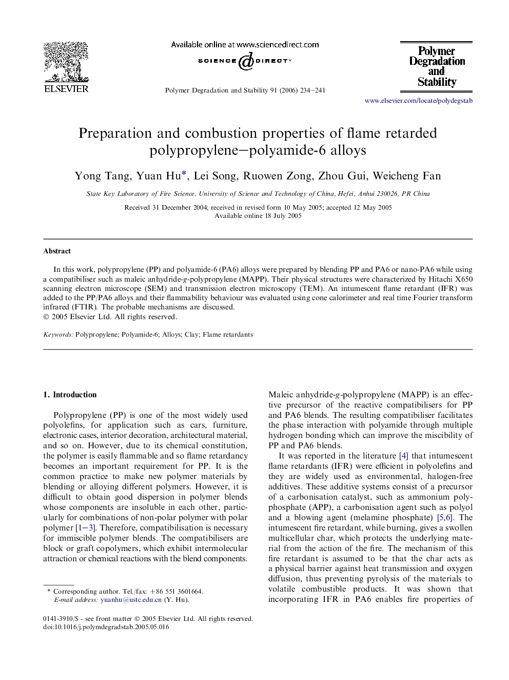 Preparation and combustion properties of flame retarded polypropylene-polyamide-6 alloys