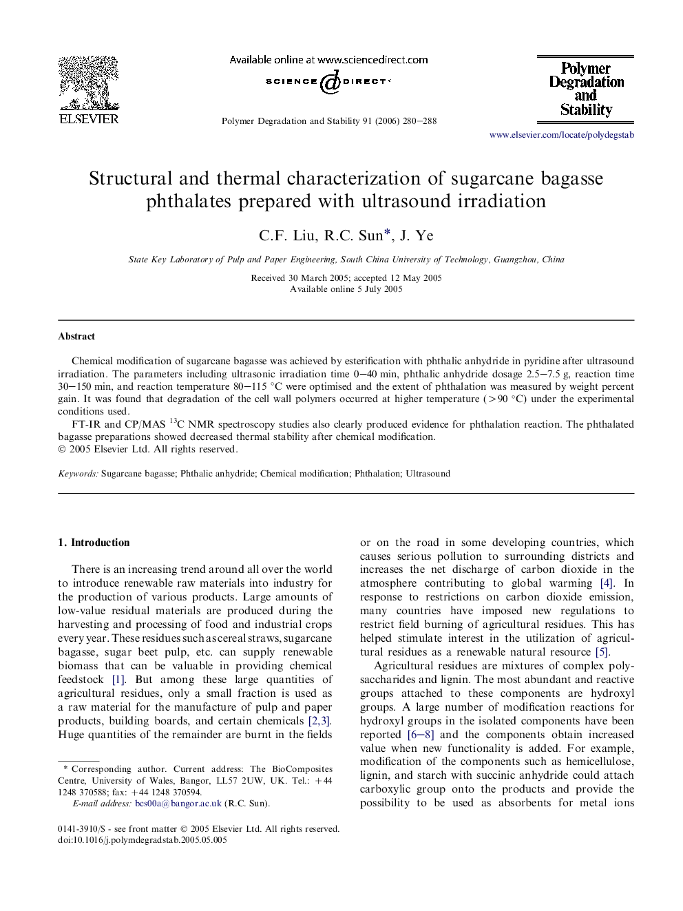 Structural and thermal characterization of sugarcane bagasse phthalates prepared with ultrasound irradiation