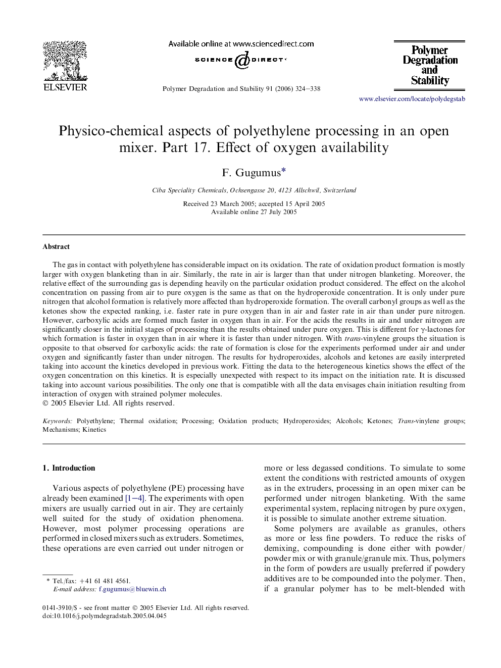 Physico-chemical aspects of polyethylene processing in an open mixer. Part 17. Effect of oxygen availability