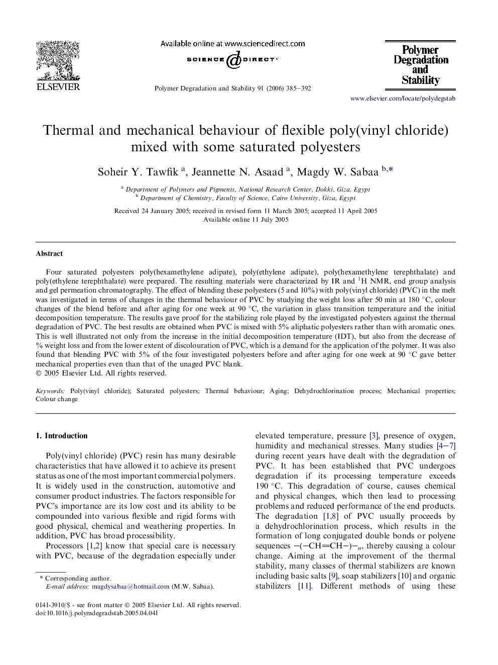 Thermal and mechanical behaviour of flexible poly(vinyl chloride) mixed with some saturated polyesters