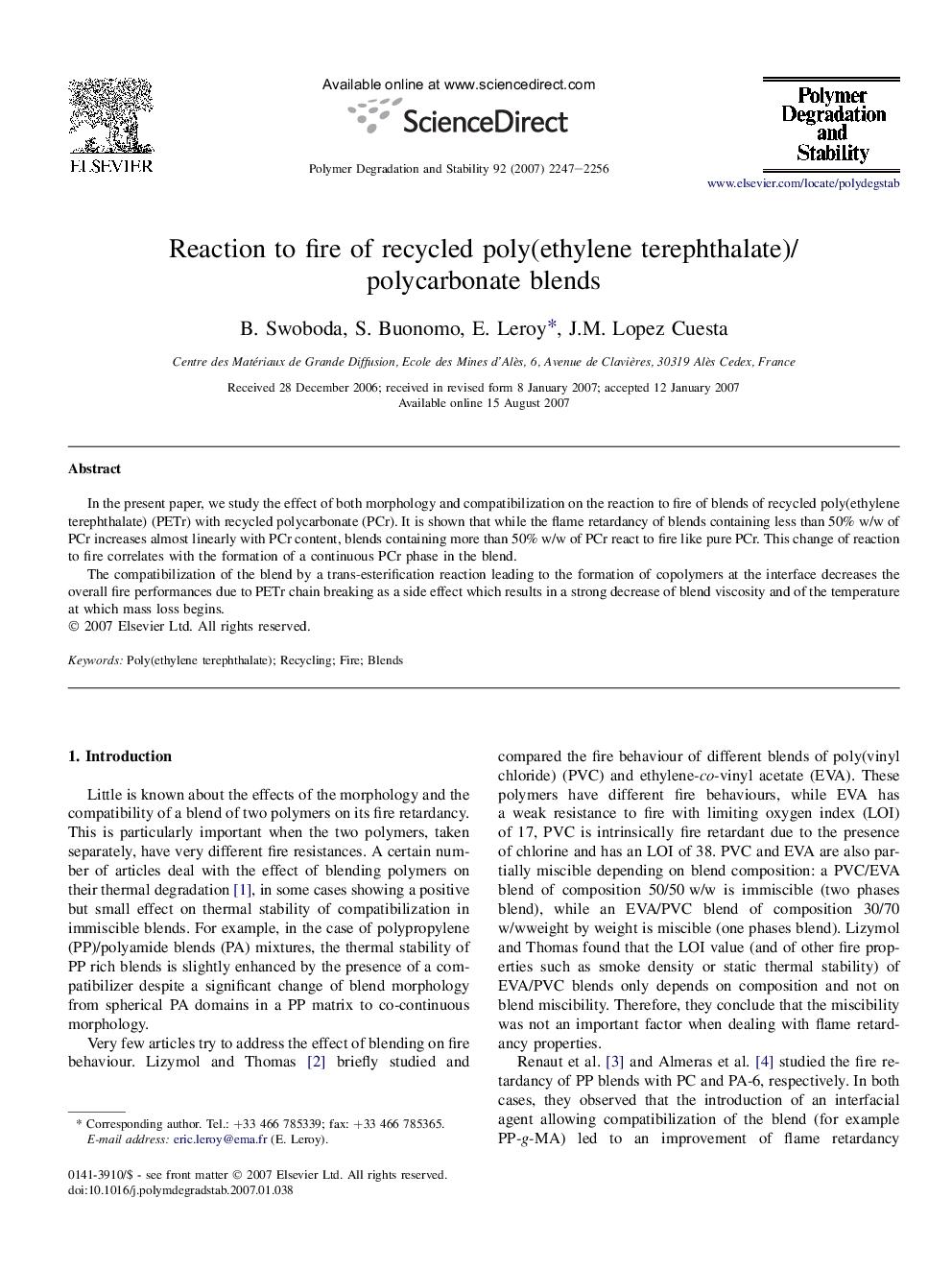 Reaction to fire of recycled poly(ethylene terephthalate)/polycarbonate blends