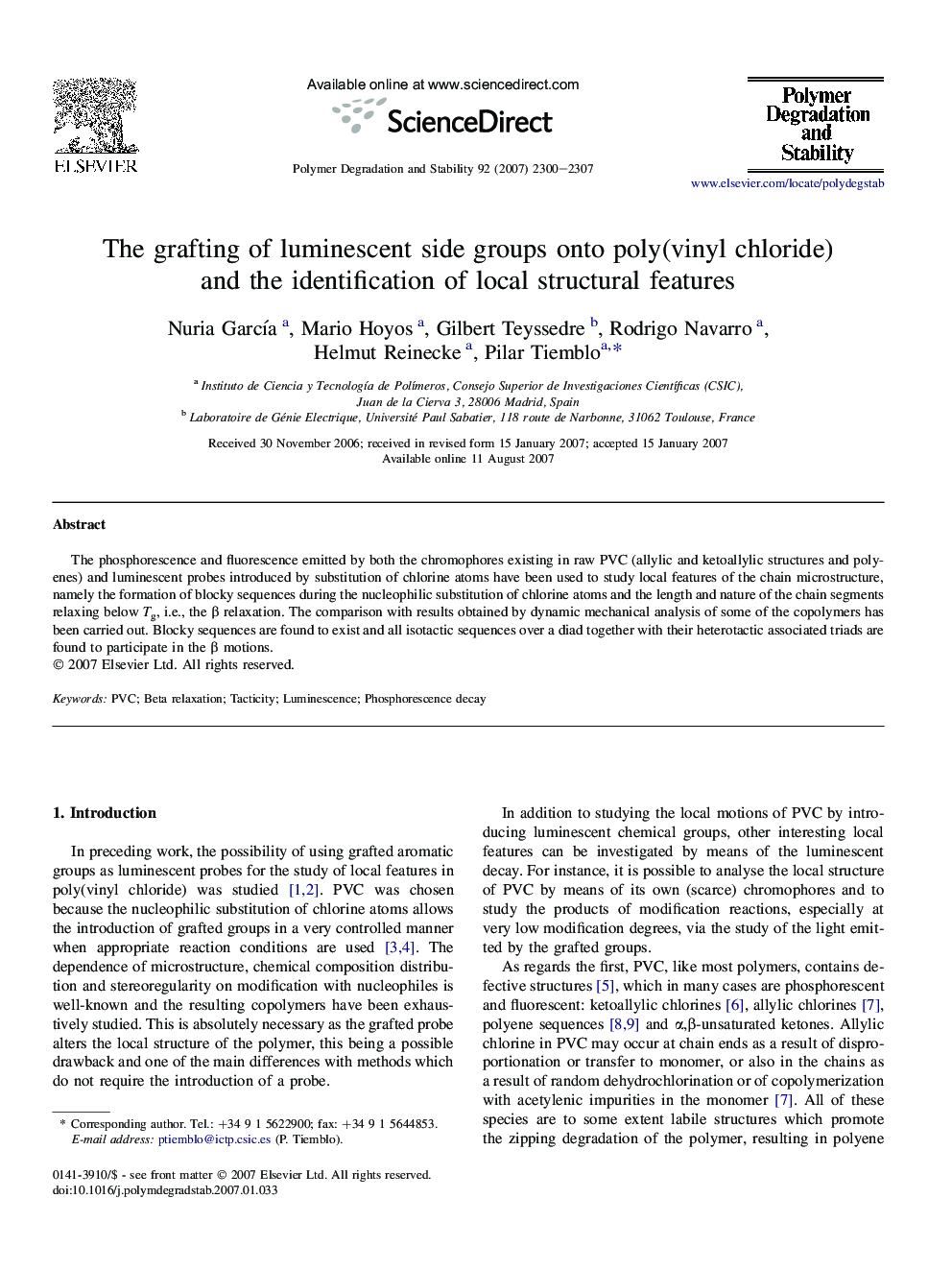 The grafting of luminescent side groups onto poly(vinyl chloride) and the identification of local structural features