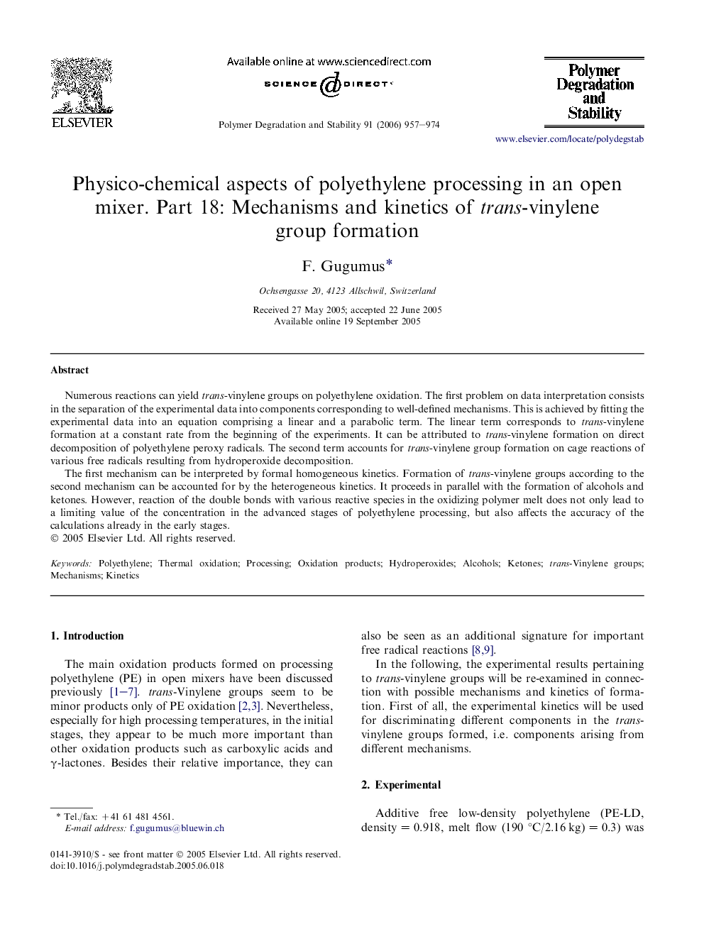 Physico-chemical aspects of polyethylene processing in an open mixer. Part 18: Mechanisms and kinetics of trans-vinylene group formation