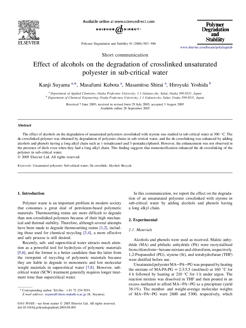 Effect of alcohols on the degradation of crosslinked unsaturated polyester in sub-critical water