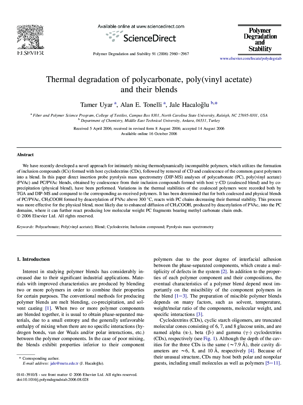 Thermal degradation of polycarbonate, poly(vinyl acetate) and their blends