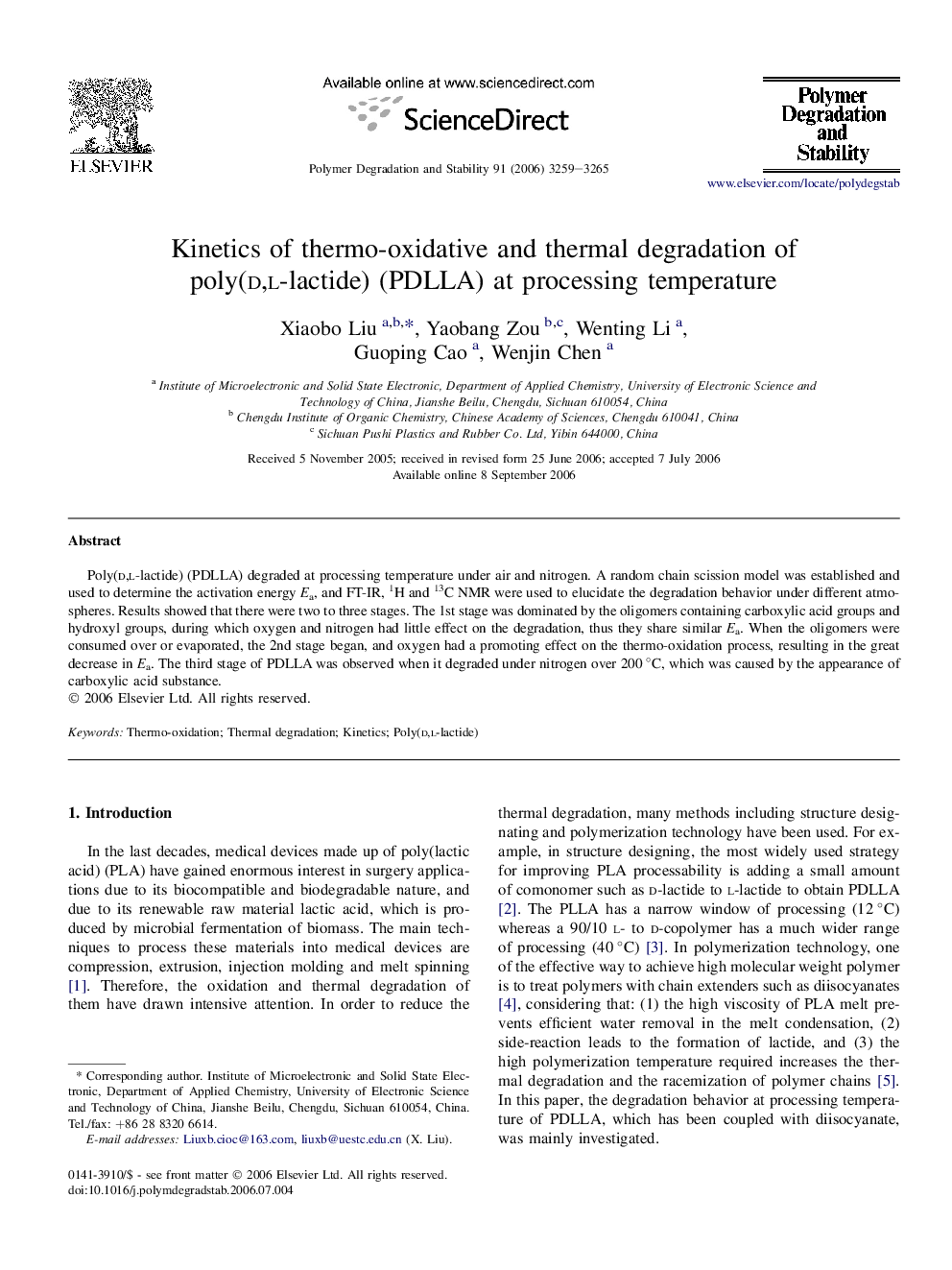 Kinetics of thermo-oxidative and thermal degradation of poly(d,l-lactide) (PDLLA) at processing temperature