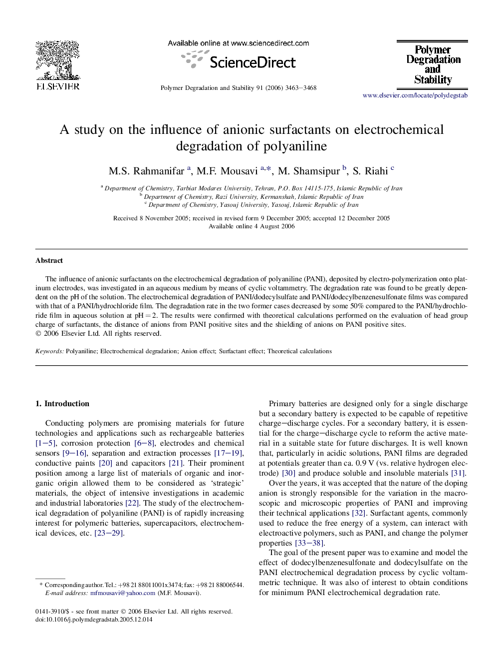 A study on the influence of anionic surfactants on electrochemical degradation of polyaniline