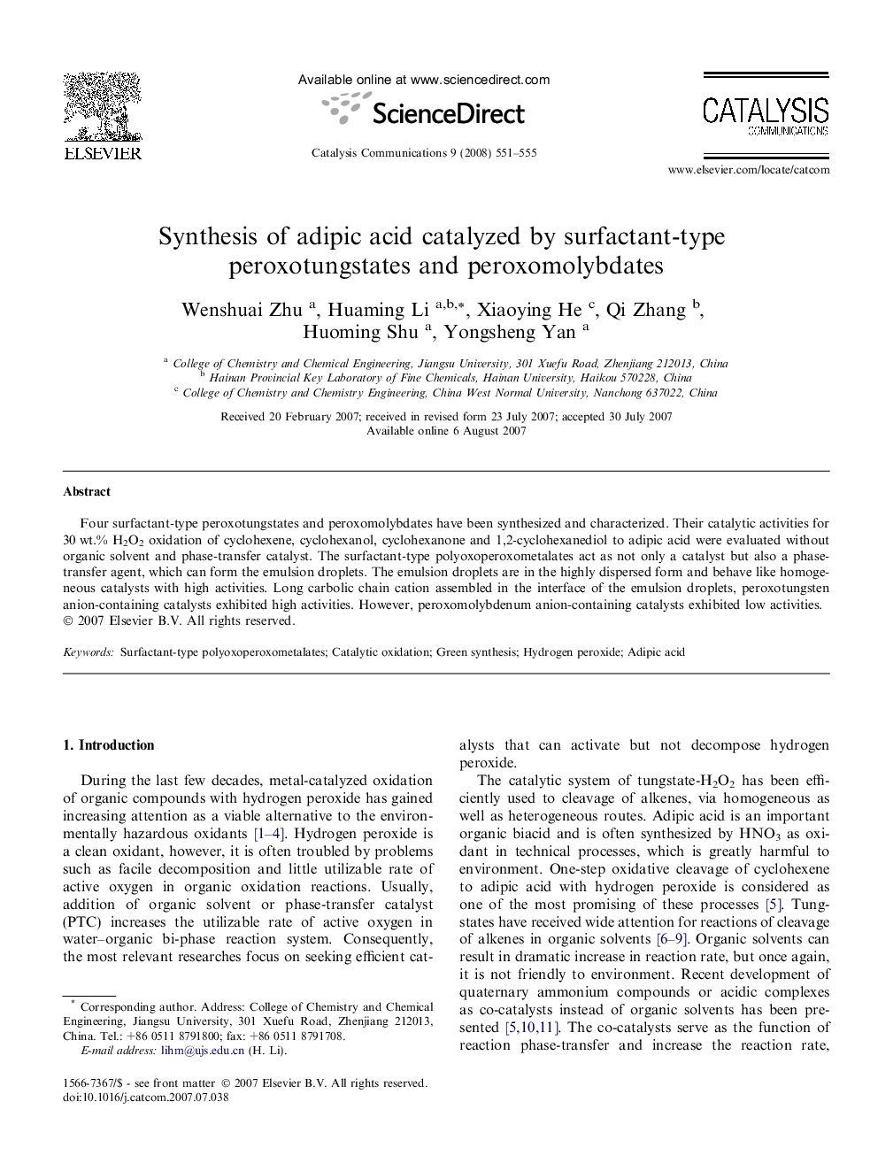 Synthesis of adipic acid catalyzed by surfactant-type peroxotungstates and peroxomolybdates