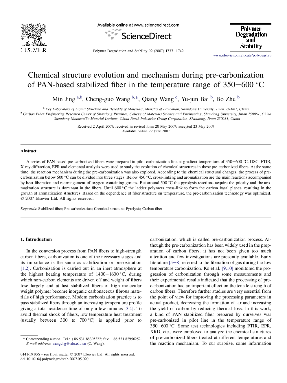 Chemical structure evolution and mechanism during pre-carbonization of PAN-based stabilized fiber in the temperature range of 350-600Â Â°C