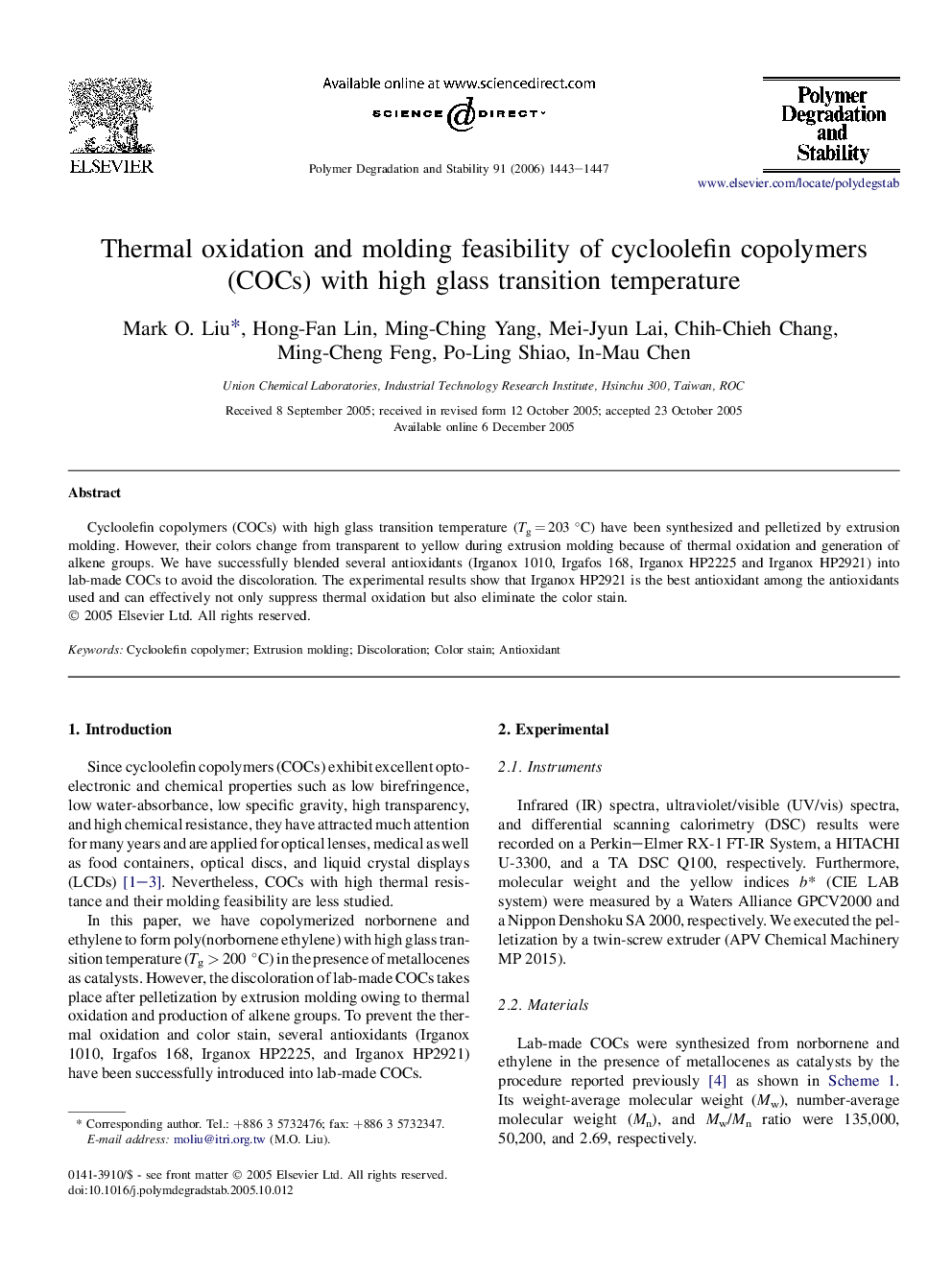 Thermal oxidation and molding feasibility of cycloolefin copolymers (COCs) with high glass transition temperature