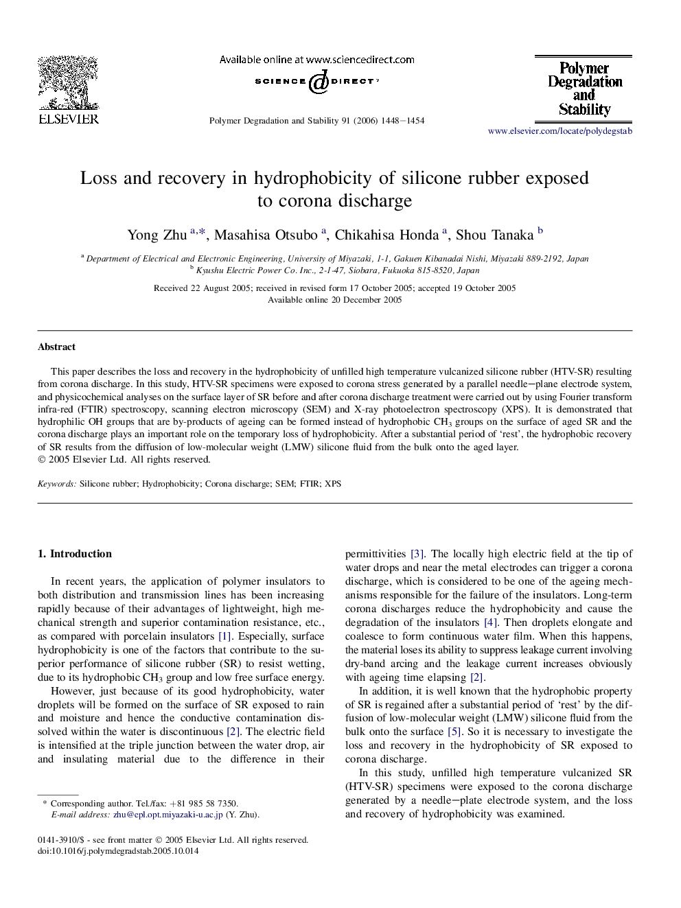 Loss and recovery in hydrophobicity of silicone rubber exposed to corona discharge