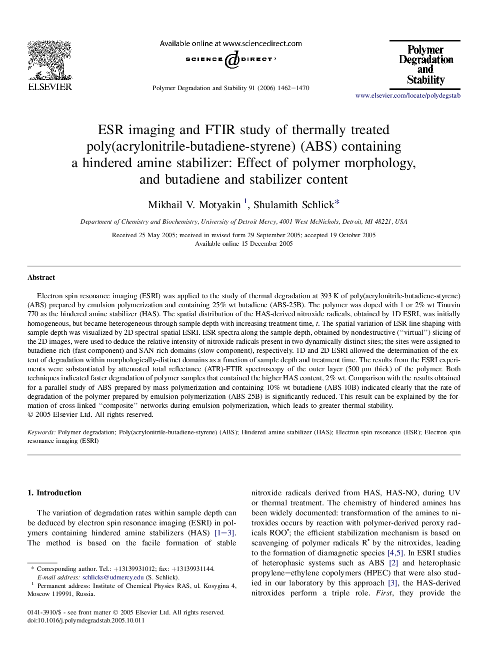 ESR imaging and FTIR study of thermally treated poly(acrylonitrile-butadiene-styrene) (ABS) containing a hindered amine stabilizer: Effect of polymer morphology, and butadiene and stabilizer content