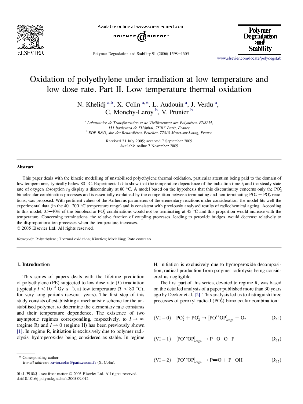 Oxidation of polyethylene under irradiation at low temperature and low dose rate. Part II. Low temperature thermal oxidation