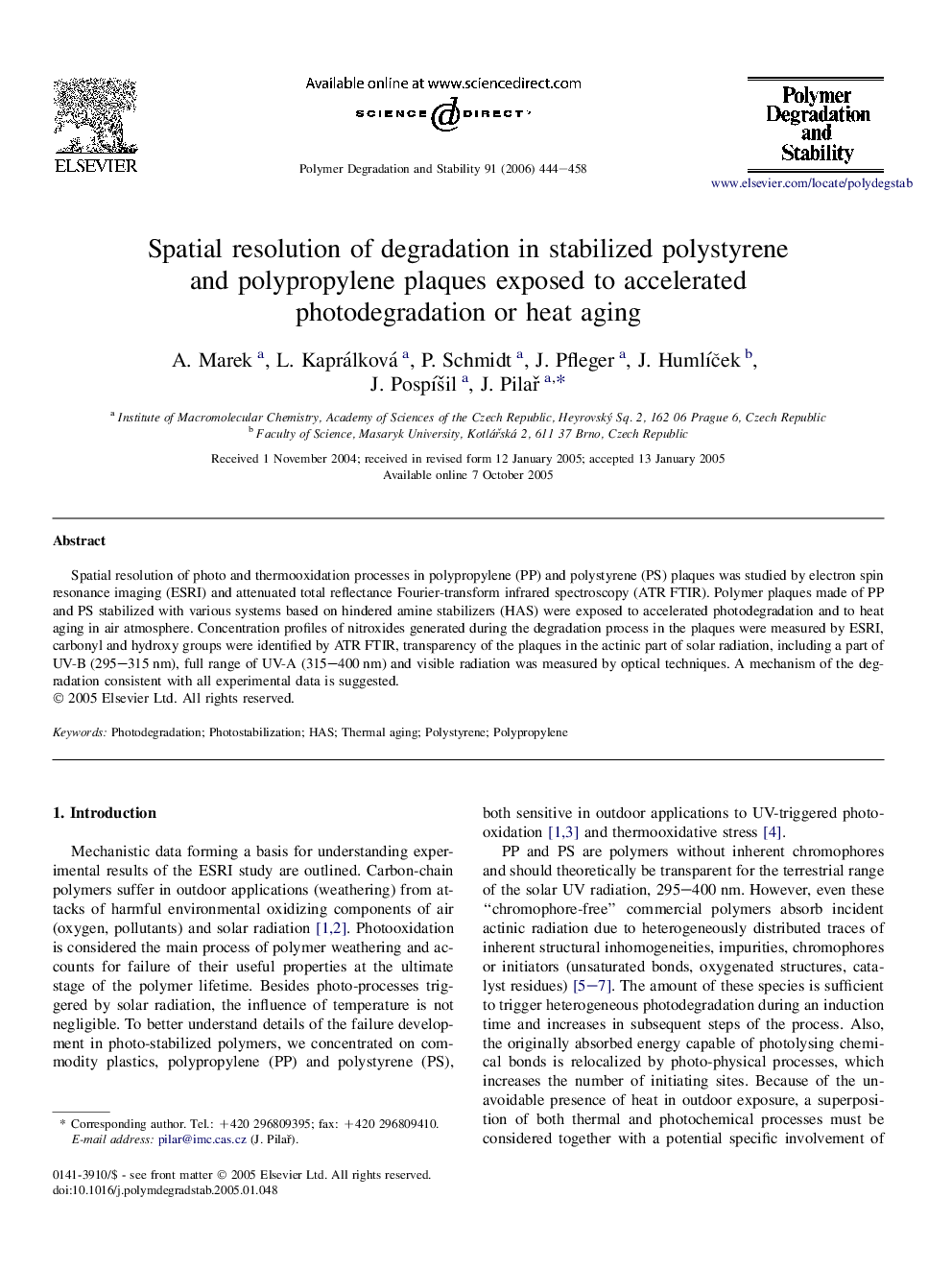 Spatial resolution of degradation in stabilized polystyrene and polypropylene plaques exposed to accelerated photodegradation or heat aging