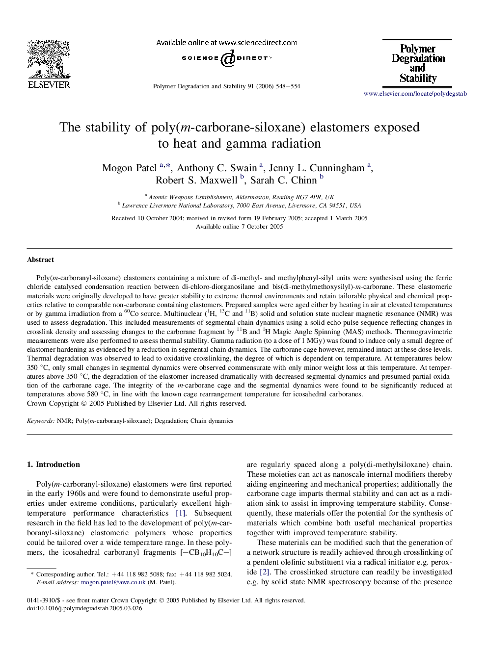 The stability of poly(m-carborane-siloxane) elastomers exposed to heat and gamma radiation