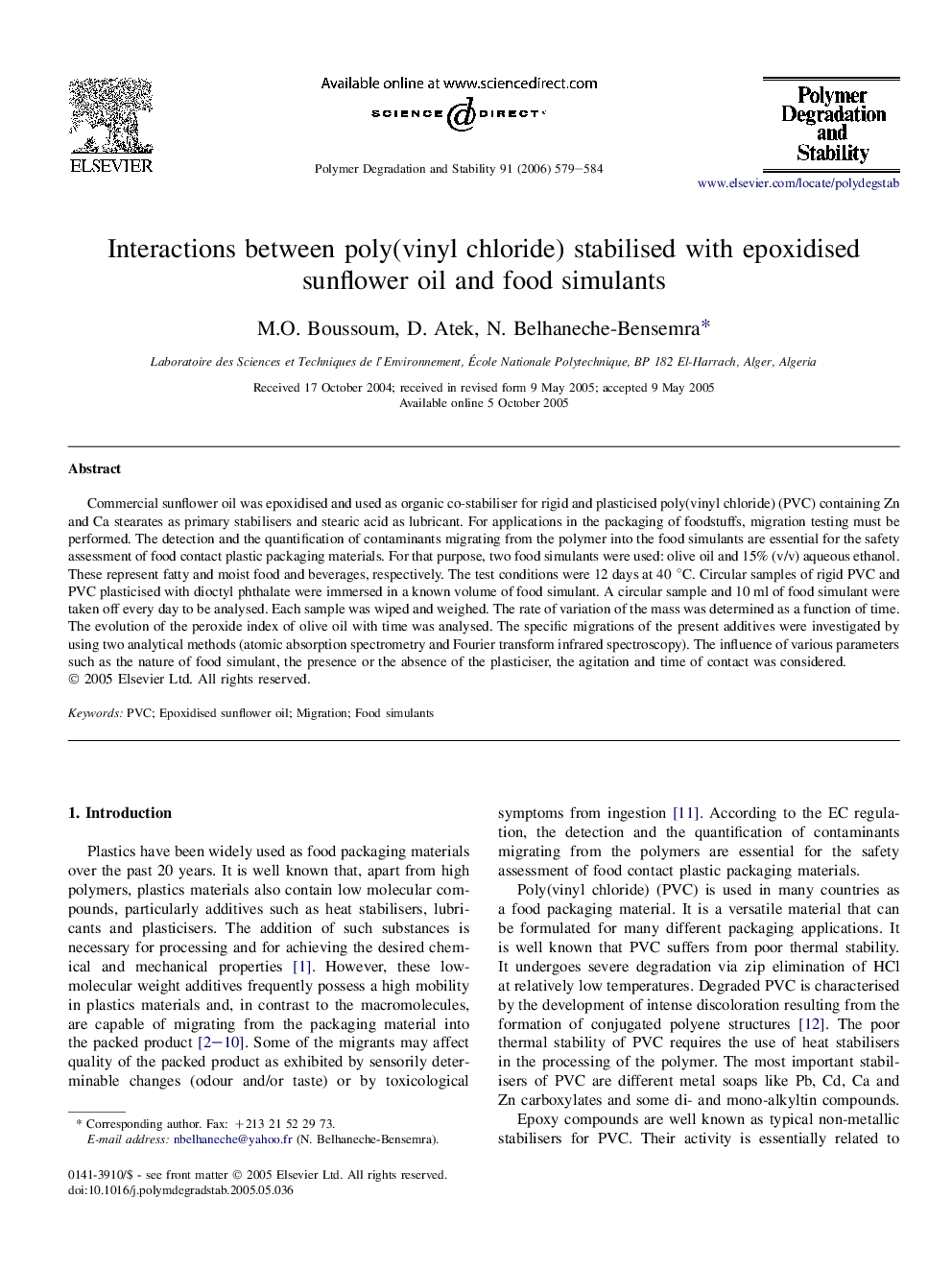 Interactions between poly(vinyl chloride) stabilised with epoxidised sunflower oil and food simulants