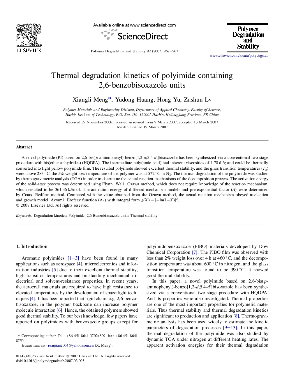 Thermal degradation kinetics of polyimide containing 2,6-benzobisoxazole units