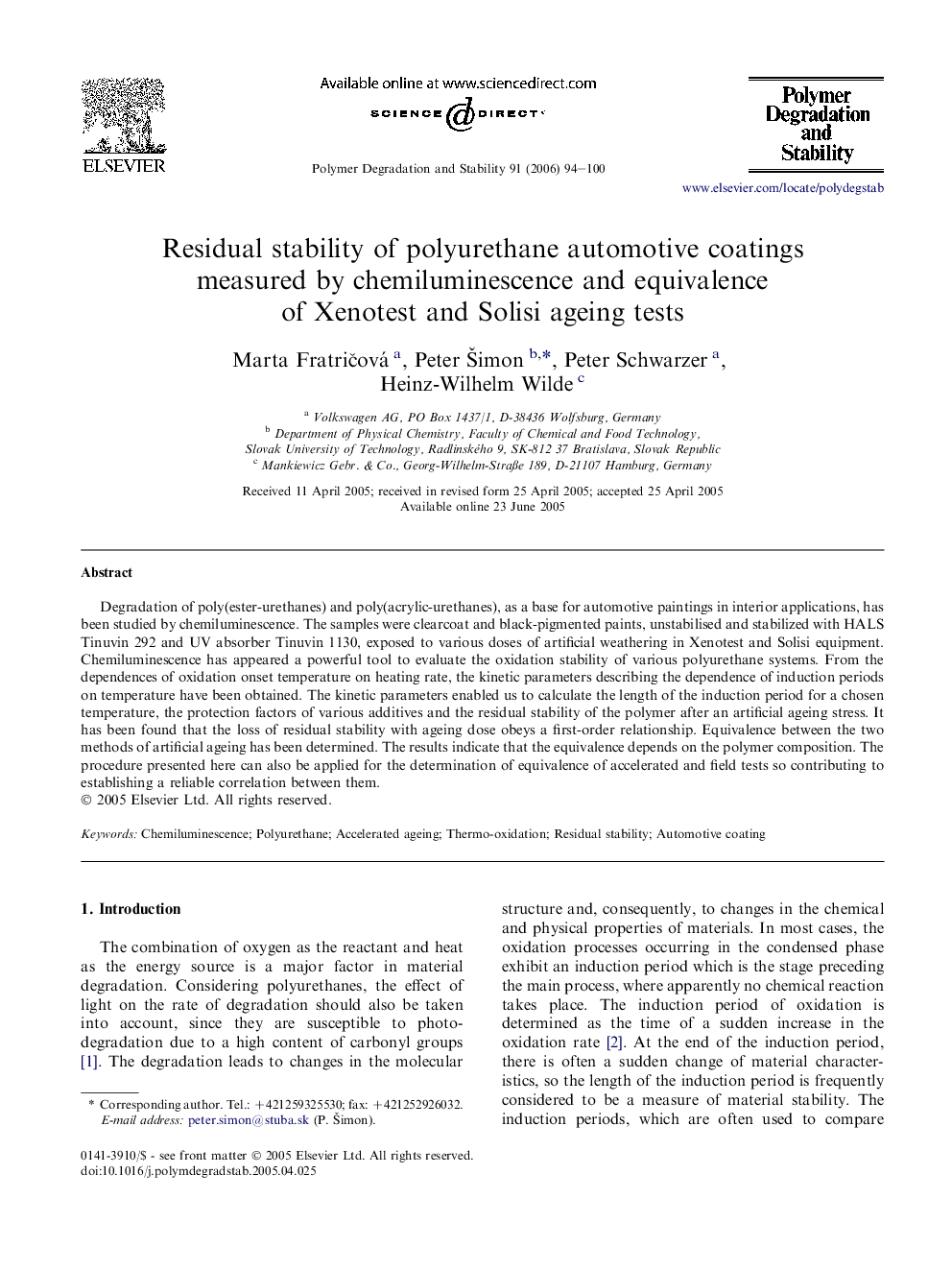 Residual stability of polyurethane automotive coatings measured by chemiluminescence and equivalence of Xenotest and Solisi ageing tests