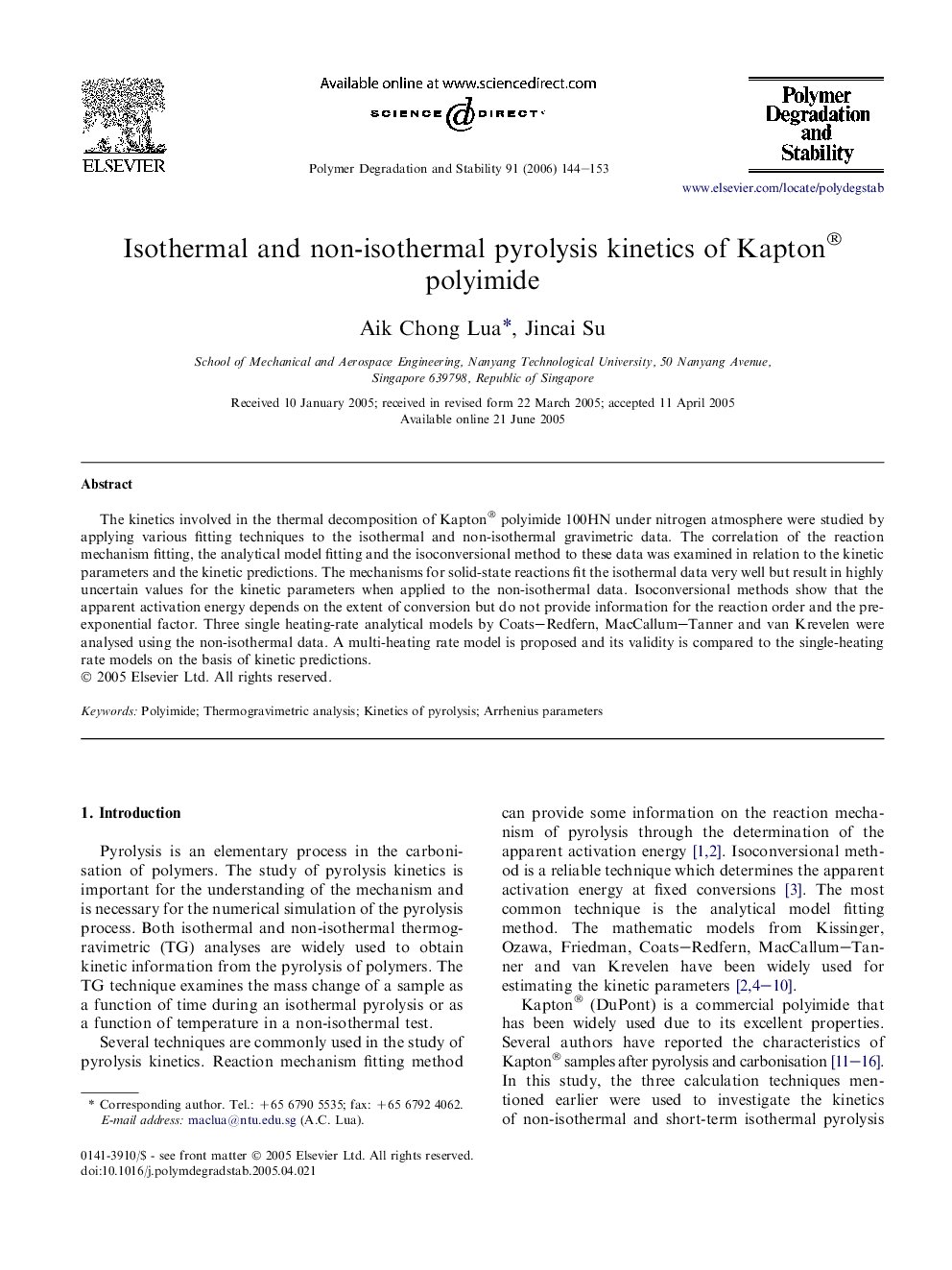 Isothermal and non-isothermal pyrolysis kinetics of Kapton® polyimide