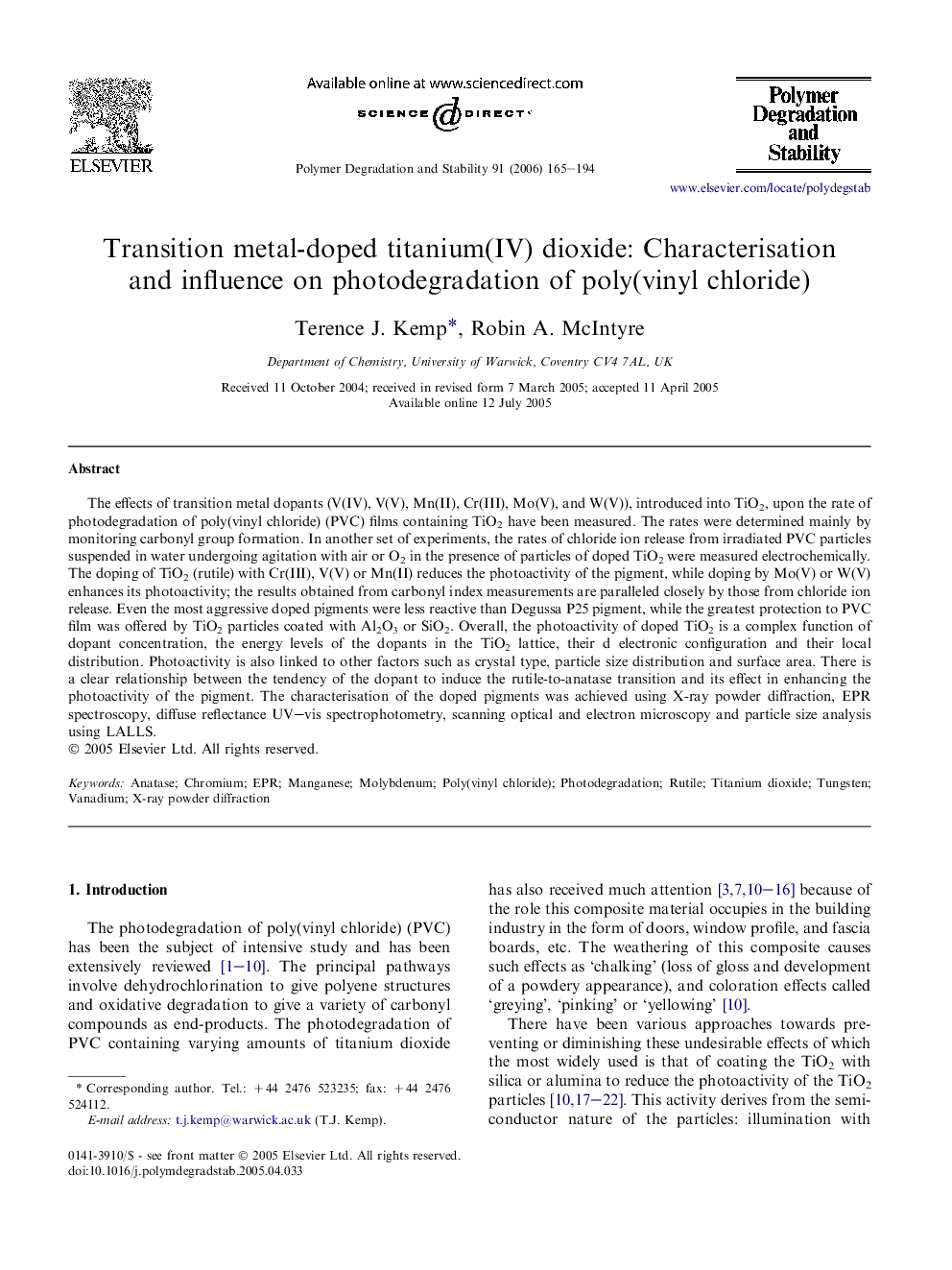 Transition metal-doped titanium(IV) dioxide: Characterisation and influence on photodegradation of poly(vinyl chloride)