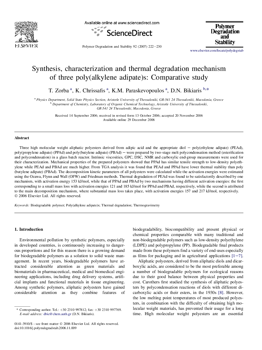 عکس صفحه اول مقاله: Synthesis, characterization and thermal degradation mechanism of three poly(alkylene adipate)s: Comparative study Synthesis, characterization and thermal degradation mechanism of three poly(alkylene adipate)s: Comparative study