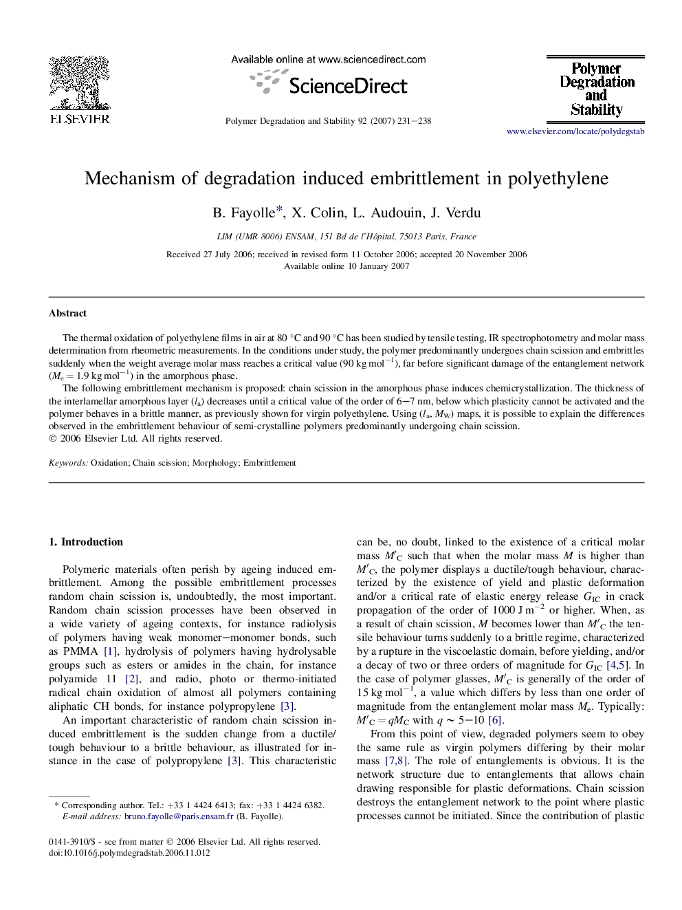 عکس صفحه اول مقاله: Mechanism of degradation induced embrittlement in polyethylene Mechanism of degradation induced embrittlement in polyethylene