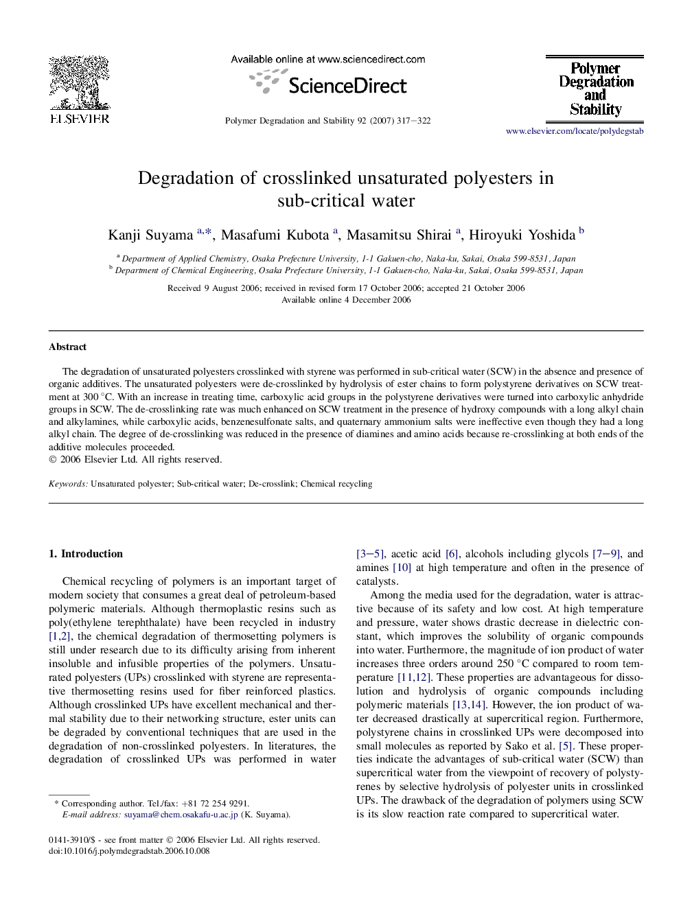 Degradation of crosslinked unsaturated polyesters in sub-critical water