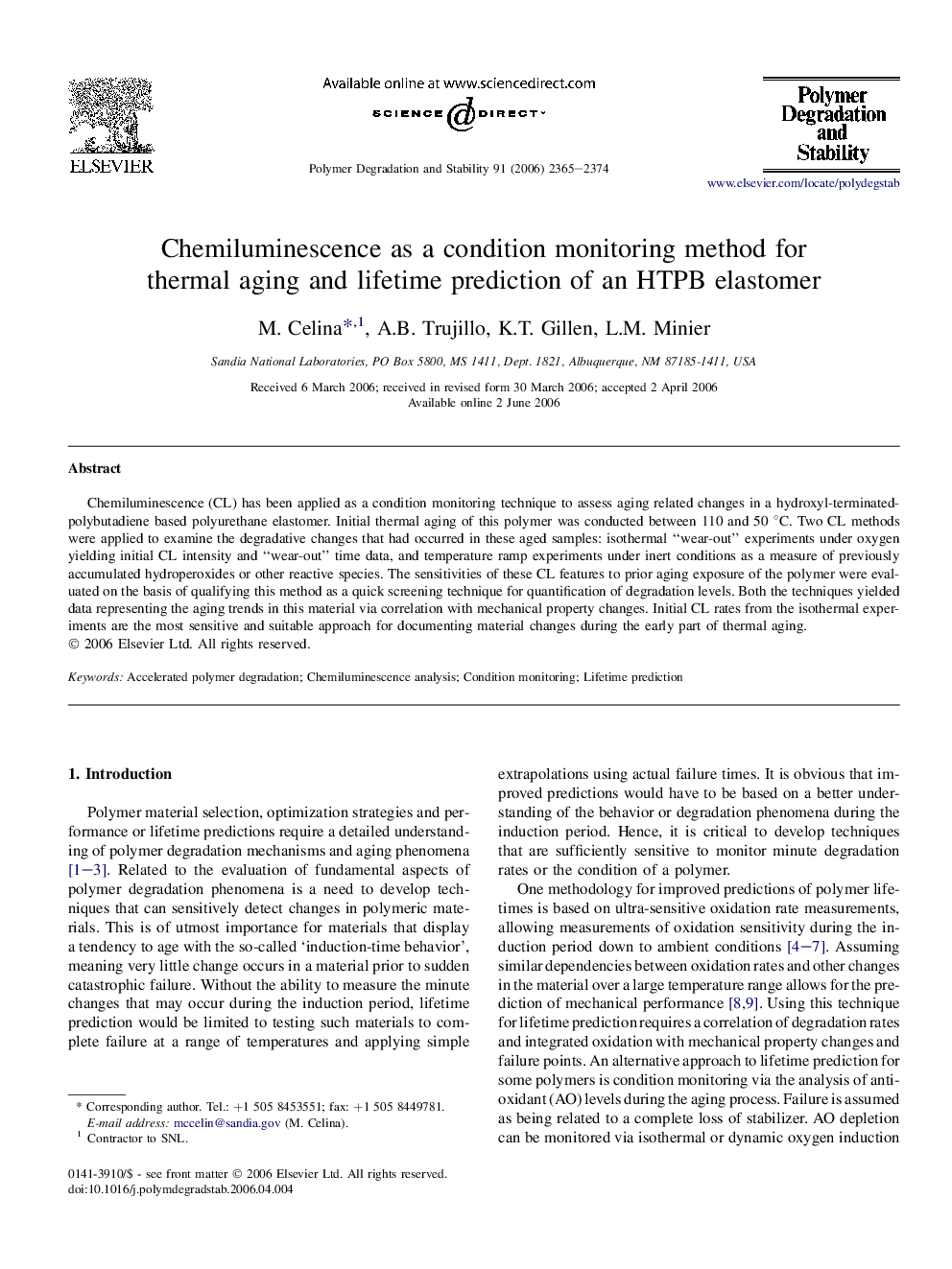 Chemiluminescence as a condition monitoring method for thermal aging and lifetime prediction of an HTPB elastomer