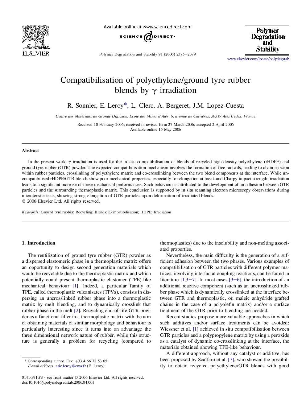 Compatibilisation of polyethylene/ground tyre rubber blends by Î³ irradiation