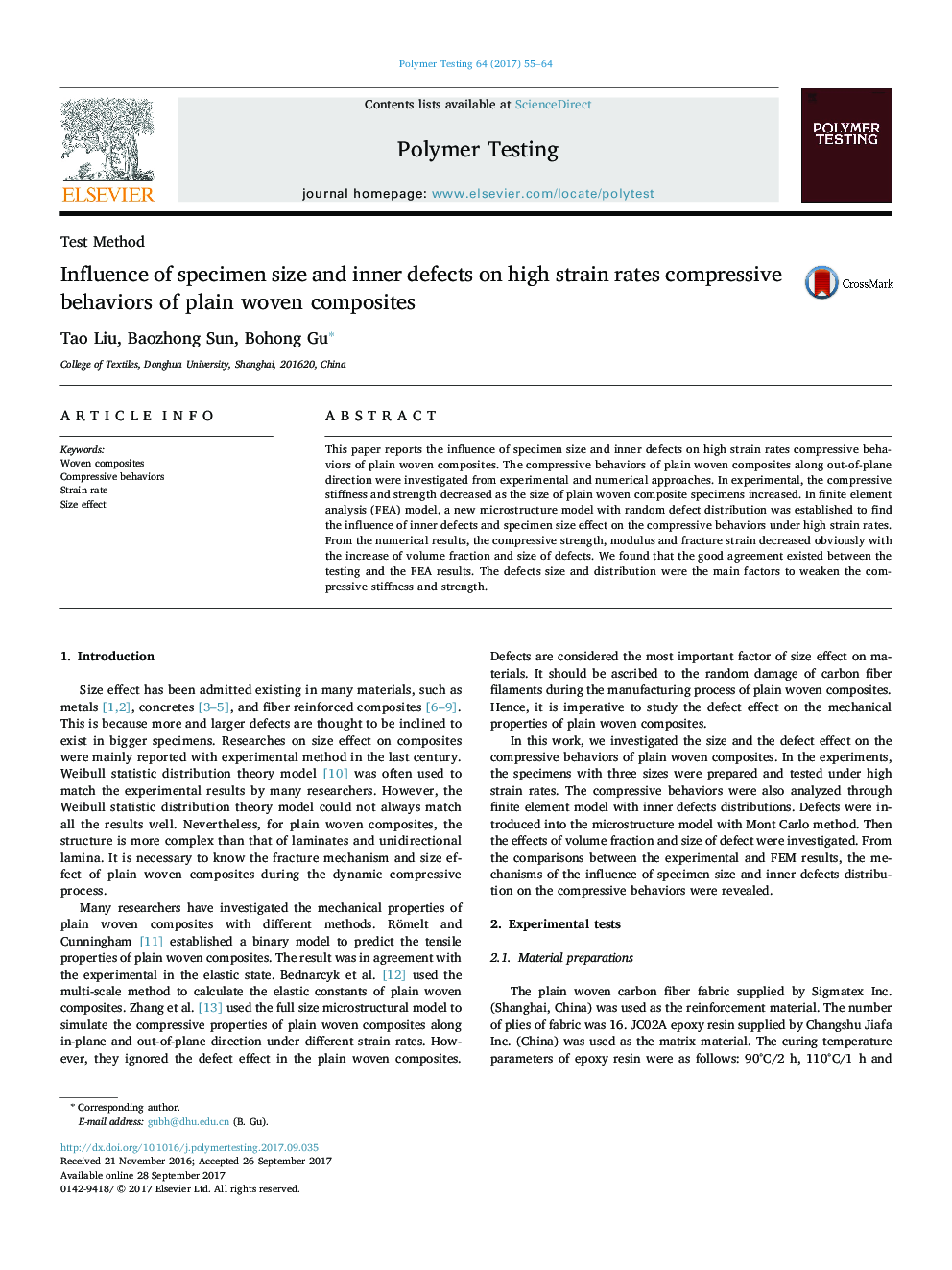 Test MethodInfluence of specimen size and inner defects on high strain rates compressive behaviors of plain woven composites